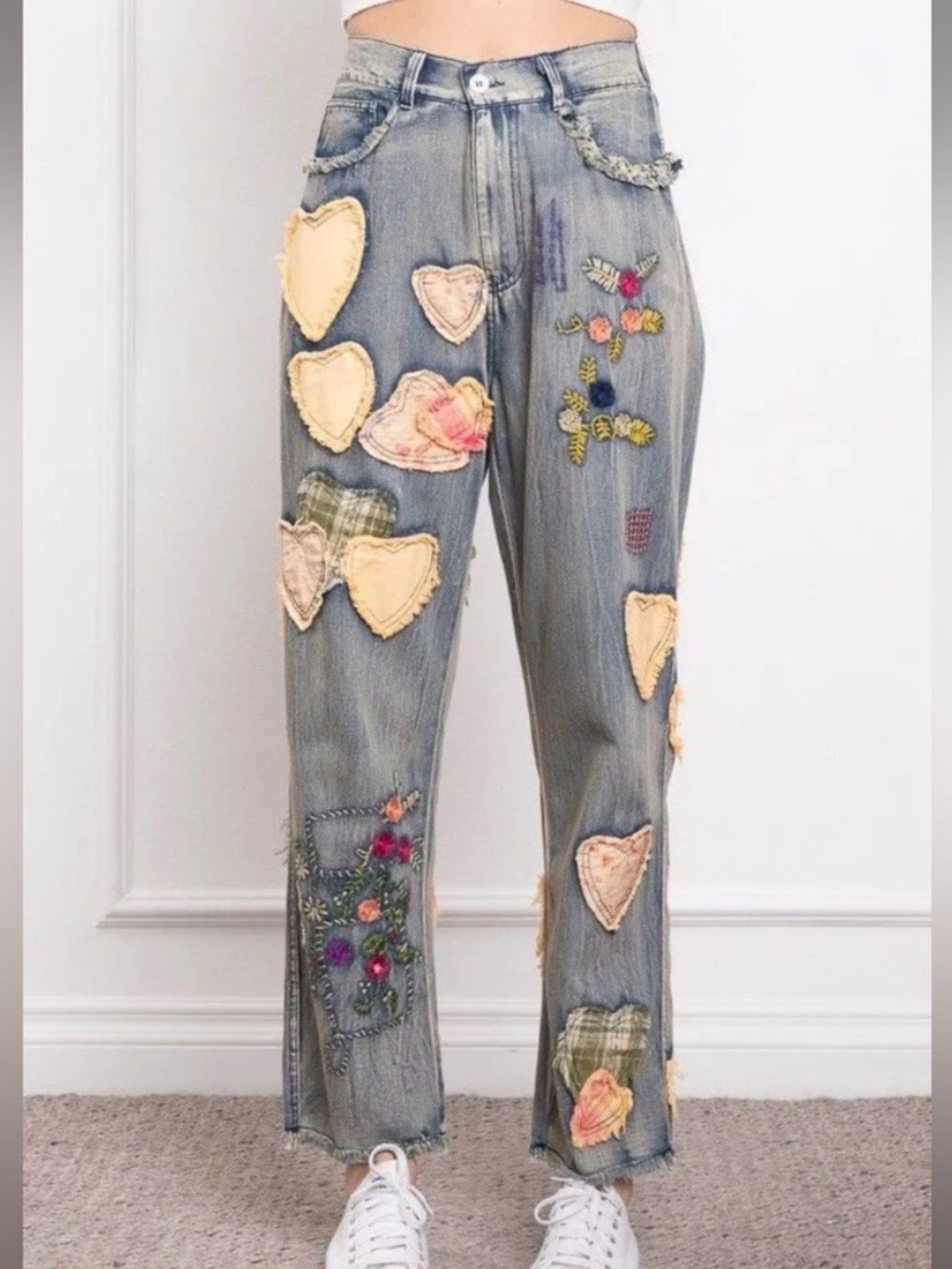 Embellished Light Wash Boyfriend Jeans with Heart Appliqués